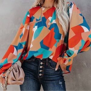 VICI Long Balloon Sleeve Multi-Colored Geometric Abstract Print Blouse Sz Small